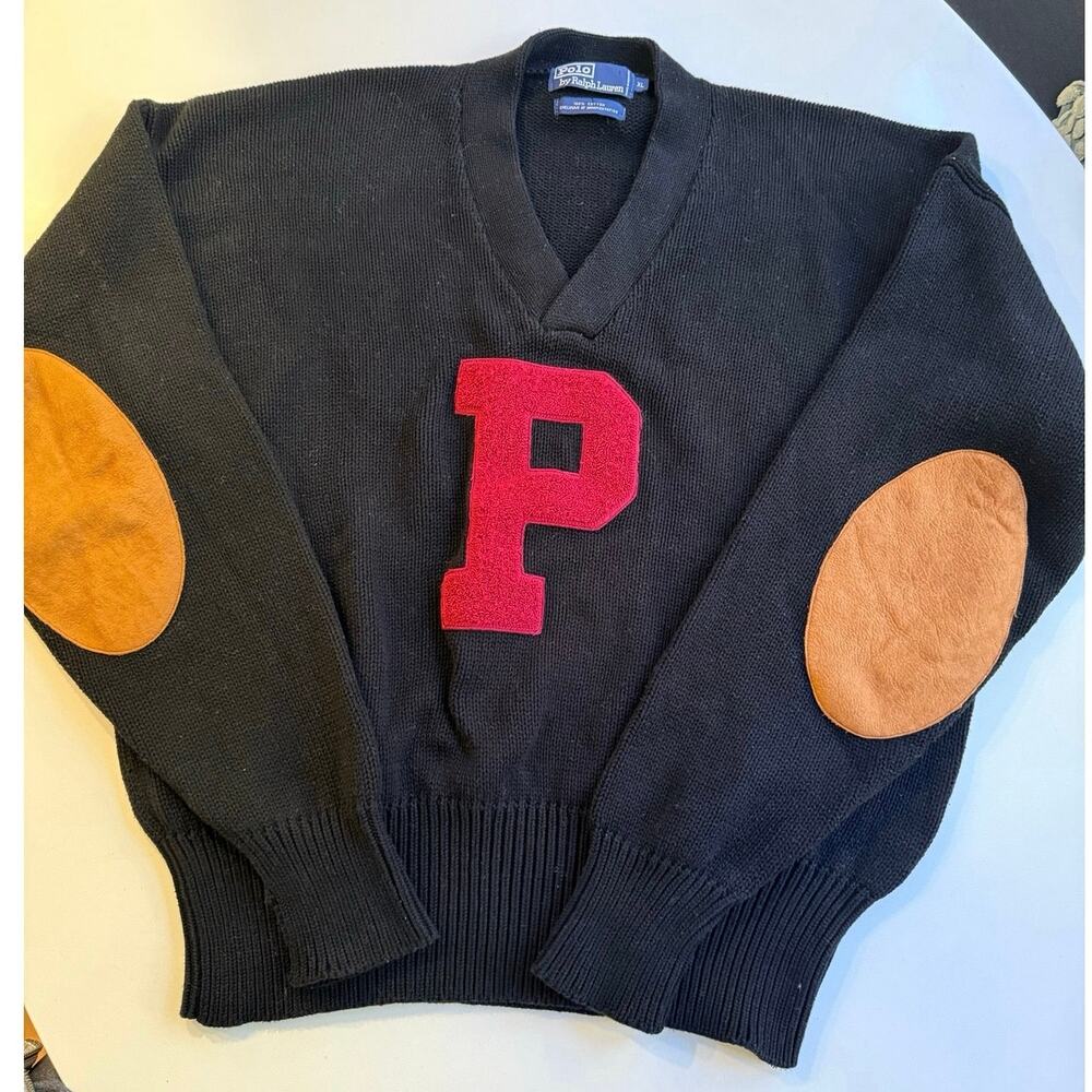 Vintage 1990s Polo Ralph Lauren P Letterman V-Neck Sweater, circa 1998–1999 XL